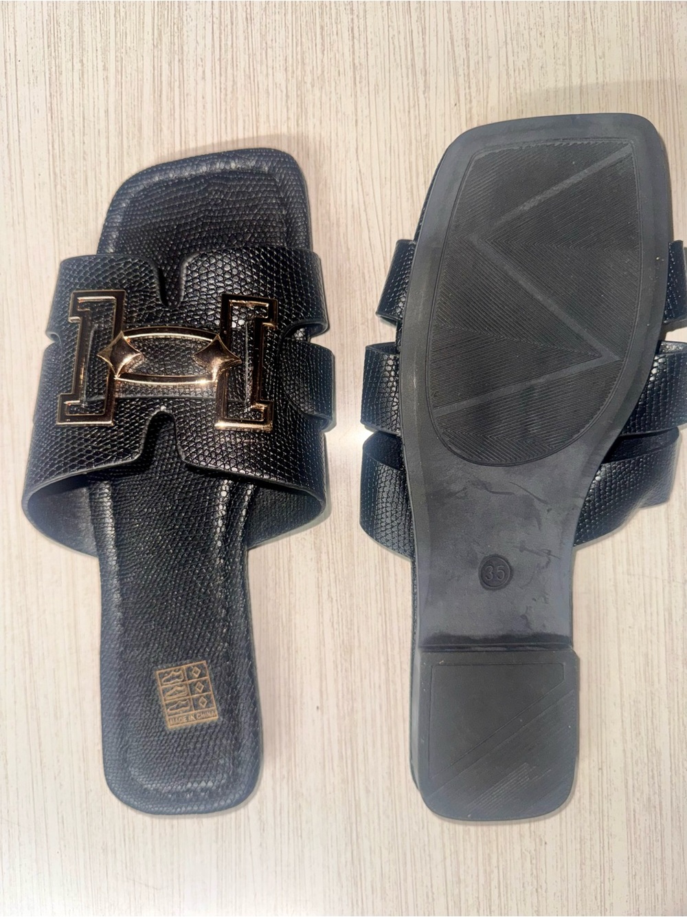 Black Slide Sandals with Gold Hardware - women’s Fashion Slides - Picture 3 of 3